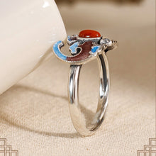 Load image into Gallery viewer, Antique Chinese Enamel Ring Adjustable Vintage S925 Silver Red Agate Bat Design with Gift Box Certificate Packaging