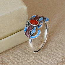 Load image into Gallery viewer, Antique Chinese Enamel Ring Adjustable Vintage S925 Silver Red Agate Bat Design with Gift Box Certificate Packaging