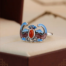 Load image into Gallery viewer, Antique Chinese Enamel Ring Adjustable Vintage S925 Silver Red Agate Bat Design with Gift Box Certificate Packaging