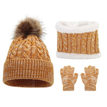 Load image into Gallery viewer, 3Pcs Set Hat Winter Knitted Hat Big Hair Ball Warm Pile Intensification Boys and Girls Winter Knitted Hat Scarf and Gloves