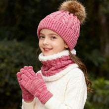Load image into Gallery viewer, 3Pcs Set Hat Winter Knitted Hat Big Hair Ball Warm Pile Intensification Boys and Girls Winter Knitted Hat Scarf and Gloves