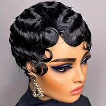 Load image into Gallery viewer, Retro Black Ocean Wave Human Hair Wig Short Pixie Cut Finger Wave Style Wig Finger Wave Wig Short Pixie Cut Women Wigs