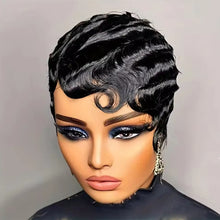 Load image into Gallery viewer, Retro Black Ocean Wave Human Hair Wig Short Pixie Cut Finger Wave Style Wig Finger Wave Wig Short Pixie Cut Women Wigs