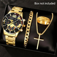 Load image into Gallery viewer, 4Pcs Men's Watch Set Quartz Watch Business Watch Alloy Wrist Watch Necklace Bracelet Ring Accessories Set Men's Gift