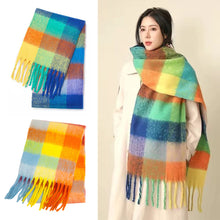 Load image into Gallery viewer, Winter Rainbow Checkered Scarf Mohair Colorful Thick Warm Neckerchief Tessel Scarf Shawl Cold Weather Accessories