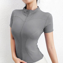 Load image into Gallery viewer, Stand Collar Slim Fit Short Sleeve Sportswear High-Elastic UV Protection Zipper Sports Top For Outdoor Running Pilates