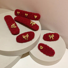 Load image into Gallery viewer, 2Pcs New Year Red Woolen Hair Clip Heart Bowknot Shape Hairpins Hair Accessory Girl Hair Decorations