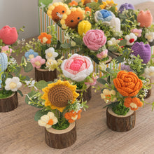 Load image into Gallery viewer, Hand-Knitted Rose Flowers Handmade Crocheted Flowers Bouquets Wooden flowerpot Desktop Ornament Home Decoration Valentine's Day Gift
