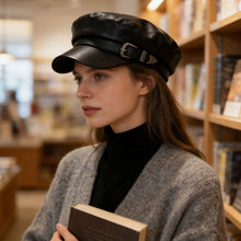 Load image into Gallery viewer, Large Belt Buckle Leather Beret Hat Unisex Flat Top Sailor Captain Hat Retro Punk Spring Autumn Black Caps