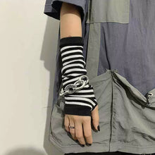 Load image into Gallery viewer, Y2K Gothic Lolita Gloves Arm Cover Harajuku Arm Warmers Black Grey Striped Fingerless Punk Long Wristband Metallic Unisex Gloves