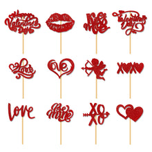 Load image into Gallery viewer, 12Pcs Valentine's Day Red Cake Topper Inserts Dessert Baking Supplies Bakeware Heart Shaped Cake Toppers Festival Party Atmosphere Decoration