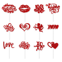 Load image into Gallery viewer, 12Pcs Valentine's Day Red Cake Topper Inserts Dessert Baking Supplies Bakeware Heart Shaped Cake Toppers Festival Party Atmosphere Decoration