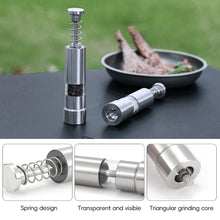 Load image into Gallery viewer, Stainless Steel Pepper Grinder Manual Pepper Mill Push Down Spice Grinder Clear View Camping Picnic BBQ Outdoor Kitchen Essential Tabletop Dining Accessory