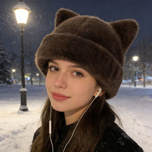Load image into Gallery viewer, Winter Leopard Print Plush Hat Women Cute Cat Bear Ear Plush Bucket Beanie Retro Warm Ear Protection Fisherman Cap