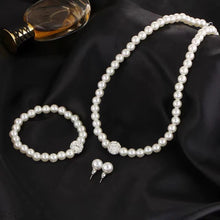 Load image into Gallery viewer, 3 Pcs Imitation White Pearl Jewelry Set Silver Color Crystal Rhinestone Necklace Bracelet Stud Earrings Elegant Bridal Luxury Women Birthday Party Gift