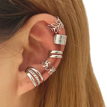 Load image into Gallery viewer, 5pcs Set Elegant Leaf Shaped Hollow Circle Stacked Ear Cuff No Piercing Clip On Earrings Gold Bridal Wedding Jewelry For Women Female Gift