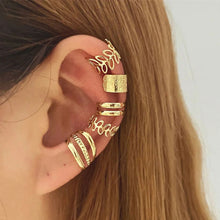 Load image into Gallery viewer, 5pcs Set Elegant Leaf Shaped Hollow Circle Stacked Ear Cuff No Piercing Clip On Earrings Gold Bridal Wedding Jewelry For Women Female Gift