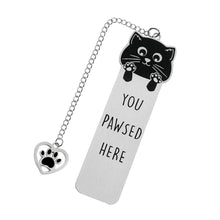 Load image into Gallery viewer, Playful Pun Text Stainless Steel Cat Bookmark Creative Book Page Clip With Charm Pendant Fun Reading Decor Accessory