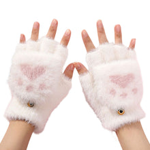 Load image into Gallery viewer, Womens Cute Cat Paw Plush Warm Gloves Flip Top Fingerless Half Finger Thick Mittens Soft Furry Lined Winter Outdoor Cozy Gift For Girls