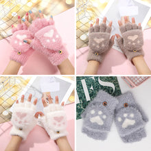 Load image into Gallery viewer, Womens Cute Cat Paw Plush Warm Gloves Flip Top Fingerless Half Finger Thick Mittens Soft Furry Lined Winter Outdoor Cozy Gift For Girls