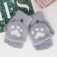 Load image into Gallery viewer, Womens Cute Cat Paw Plush Warm Gloves Flip Top Fingerless Half Finger Thick Mittens Soft Furry Lined Winter Outdoor Cozy Gift For Girls