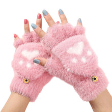 Load image into Gallery viewer, Womens Cute Cat Paw Plush Warm Gloves Flip Top Fingerless Half Finger Thick Mittens Soft Furry Lined Winter Outdoor Cozy Gift For Girls