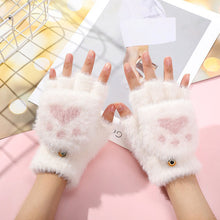 Load image into Gallery viewer, Womens Cute Cat Paw Plush Warm Gloves Flip Top Fingerless Half Finger Thick Mittens Soft Furry Lined Winter Outdoor Cozy Gift For Girls