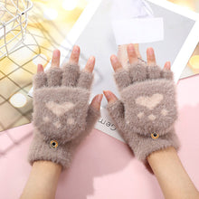 Load image into Gallery viewer, Womens Cute Cat Paw Plush Warm Gloves Flip Top Fingerless Half Finger Thick Mittens Soft Furry Lined Winter Outdoor Cozy Gift For Girls