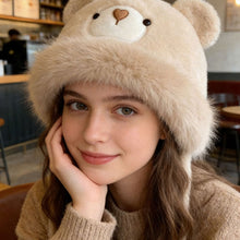 Load image into Gallery viewer, Cute Bear Ear Flap Plush Hat For Women Thickened Warm Fleece Lined Winter Autumn Cold Proof Headgear For Daily Outdoor Wear