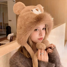 Load image into Gallery viewer, Cute Bear Ear Flap Plush Hat For Women Thickened Warm Fleece Lined Winter Autumn Cold Proof Headgear For Daily Outdoor Wear