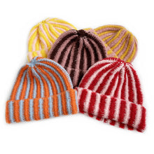 Load image into Gallery viewer, Autumn and Winter New Korean Feather Yarn Striped Wool Beanie Cap Women Showing Face Small Cold Knitted Cold Hat Men