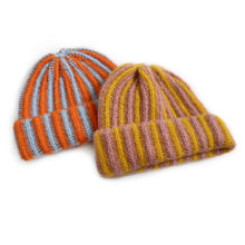 Load image into Gallery viewer, Autumn and Winter New Korean Feather Yarn Striped Wool Beanie Cap Women Showing Face Small Cold Knitted Cold Hat Men