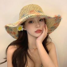 Load image into Gallery viewer, Women Summer Colorful Woven Straw Hat Hollow Out Large Brim UV Protection Sun Hat For Seaside Vacation