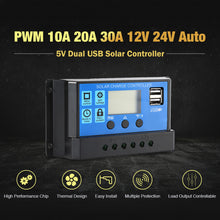 Load image into Gallery viewer, 10A/20A/30A 12V 24V Solar Charge Controller Lithium Battery LCD Display PWM Dual USB Solar Panel Charger