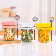 Load image into Gallery viewer, Portable Breakfast Jar with Lid and Spoon Food Storage Glass Jar With Scale for Overnight Oats Leak Proof Cup for Cereal Yogurt Salad Meal Prep On the Go