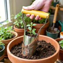 Load image into Gallery viewer, Stainless Steel Seedling Transplanter with Wooden Handle Multifunctional Gardening Seeder for Drilling Hole Transplanting Flower Vegetable Planting