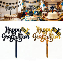 Load image into Gallery viewer, Black Gold Acrylic Graduation Cap Cake Topper Congrats Bachelor Hat For Graduation Birthday Party Cake Decoration