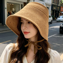 Load image into Gallery viewer, Women Linen Straw Regency Bonnet Hat Geometric Pattern Big Wide Brim Sun Hat Adjustable Lace Up Bow Beach Summer Outdoor Cap