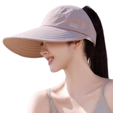 Load image into Gallery viewer, Women Empty Top Wide Brim Sun Hat Foldable Ponytail Cap UV Protection Windproof Hard Brim Adjustable Beach Riding Summer Hat