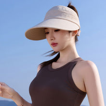 Load image into Gallery viewer, Women Empty Top Wide Brim Sun Hat Foldable Ponytail Cap UV Protection Windproof Hard Brim Adjustable Beach Riding Summer Hat