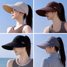 Load image into Gallery viewer, Women Empty Top Wide Brim Sun Hat Foldable Ponytail Cap UV Protection Windproof Hard Brim Adjustable Beach Riding Summer Hat
