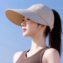 Load image into Gallery viewer, Women Empty Top Wide Brim Sun Hat Foldable Ponytail Cap UV Protection Windproof Hard Brim Adjustable Beach Riding Summer Hat