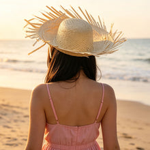 Load image into Gallery viewer, Hand Woven Straw Sun Hat Wide Brim UV Protection Lightweight Breathable Beach Hat Summer Seaside Travel Headwear