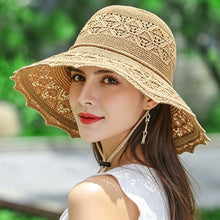 Load image into Gallery viewer, Korean Wave Brim Straw Hat Women Mesh Breathable Summer UV Protection Beach Sun Protection Hat