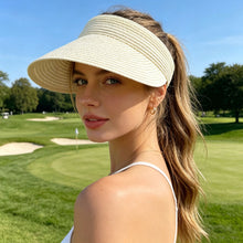 Load image into Gallery viewer, Women Empty Top Wide Brim Straw Sun Visor Hat Foldable Adjustable UV Protection Breathable Headband Style Beach Travel Outdoor Summer Hat