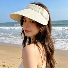 Load image into Gallery viewer, Women Empty Top Wide Brim Straw Sun Visor Hat Foldable Adjustable UV Protection Breathable Headband Style Beach Travel Outdoor Summer Hat