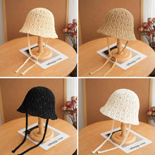 Load image into Gallery viewer, Japanese Style Hollow Out Knitted Lace Up Bucket Hat Summer Breathable Foldable Sun Hat For Women Outdoor Beach