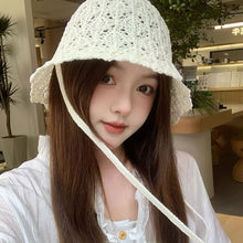 Load image into Gallery viewer, Japanese Style Hollow Out Knitted Lace Up Bucket Hat Summer Breathable Foldable Sun Hat For Women Outdoor Beach