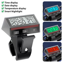 Load image into Gallery viewer, Motorcycle Solar Powered Multi-Function Digital Clock Touch Button Thermometer Calendar Waterproof for Bike Car E-Bike Accessory