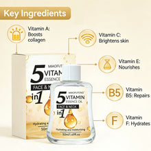 Load image into Gallery viewer, 5 in 1 Vitamin Facial Essence Oil Face Neck Hydrating Moisturizing Nourish Skin Boost Radiance Brighten Facial Vitamin Essence